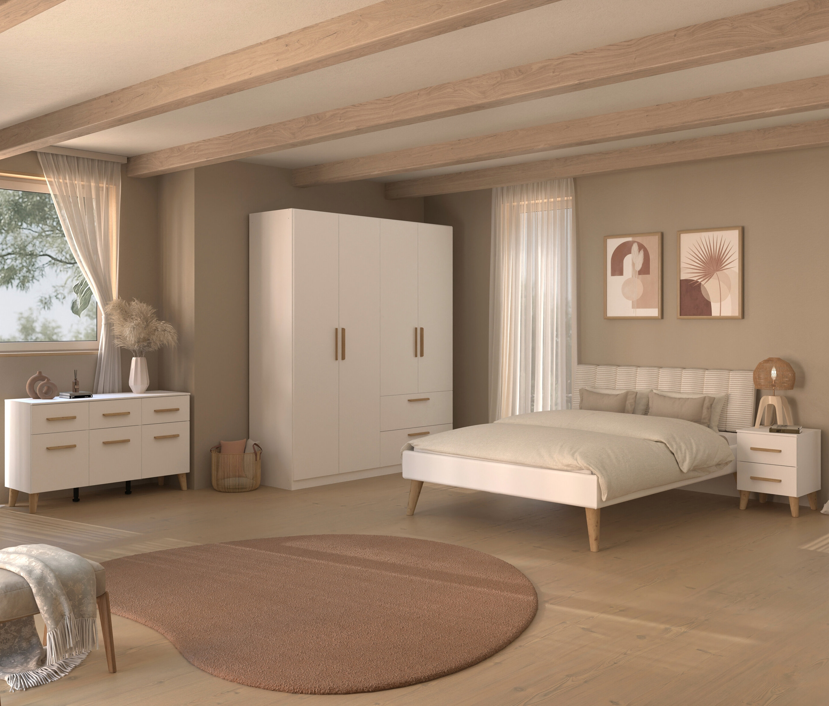 Schlafzimmer mit weißem »Skandi« Schlafzimmer-Set von rauch, inklusive Bett, Nachttisch, Kleiderschrank und Kommode.