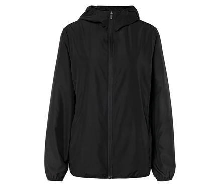 Schwarze Kapuzenjacke mit Reißverschluss.