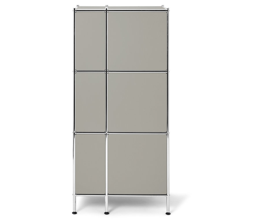 Grauer Schrank mit sechs Fächern und silbernen Metallrahmen.
