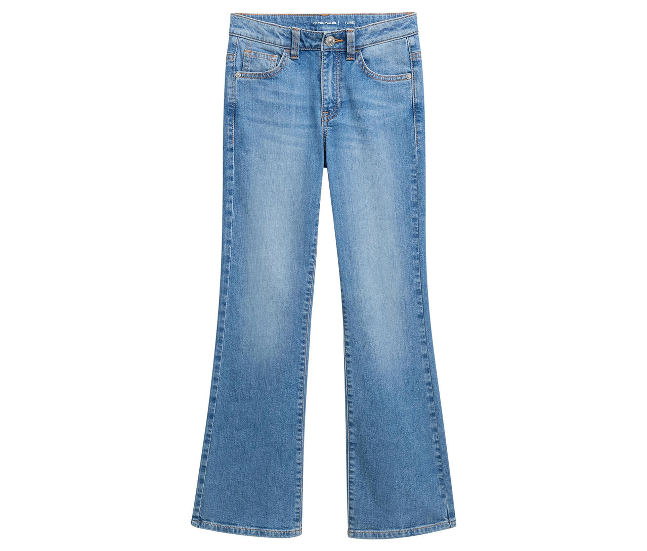 Helle Tom Tailor Kinder-Jeanshose mit Schlag liegt flach auf einem weißen Hintergrund.