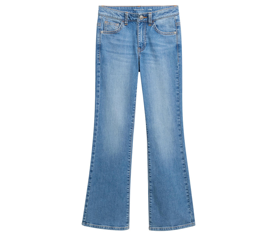 Helle Tom Tailor Kinder-Jeanshose mit Schlag liegt flach auf einem weißen Hintergrund.