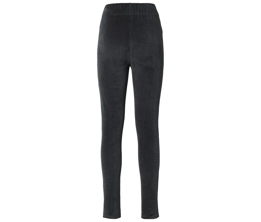 Graue, lange Cordhose mit elastischem Bund vor einem weißen Hintergrund.