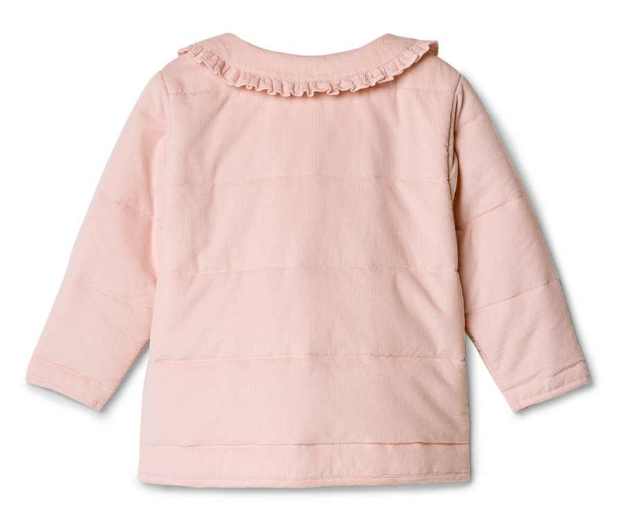 Hellrosa, gesteppte Cordjacke mit Rüschenkragen, von hinten fotografiert.