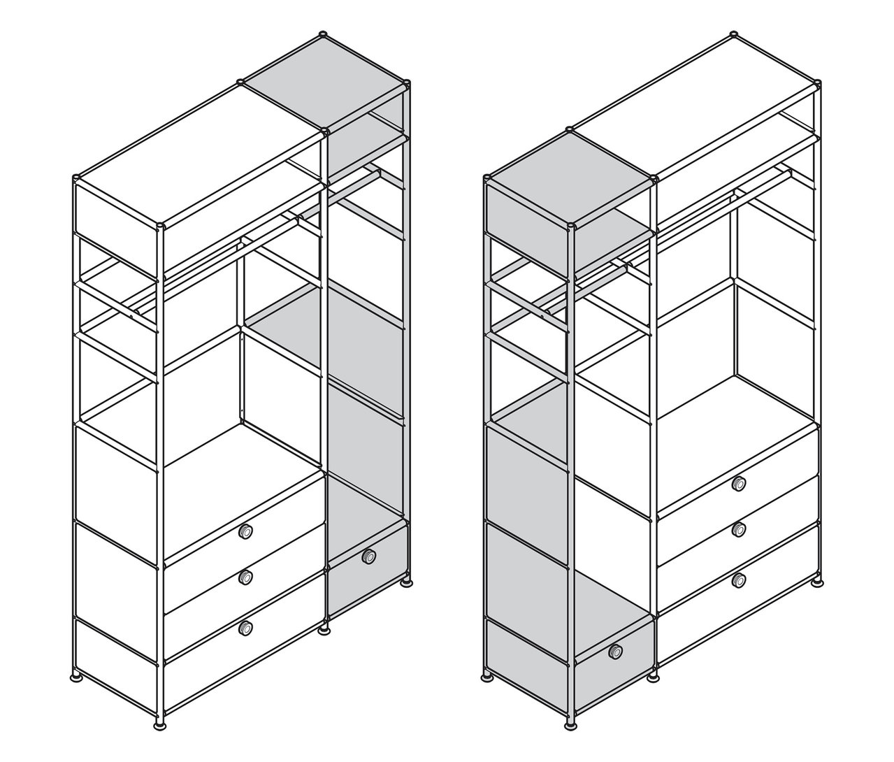 Zwei Metallgarderoben »CN3« mit je 2 Kleiderstangen und 4 Schubladen sind in einer Strichzeichnung dargestellt.