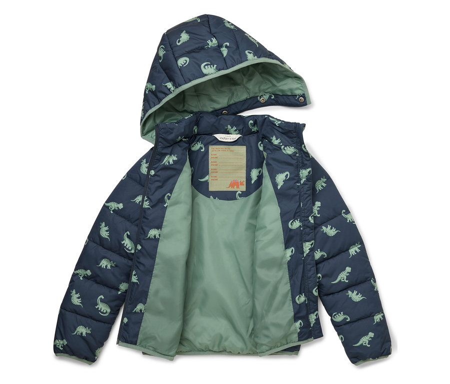 Geöffnete, marineblaue, gesteppte Jacke mit Kapuze und Dinosaurier-Muster, Innenfutter ist hellgrün.