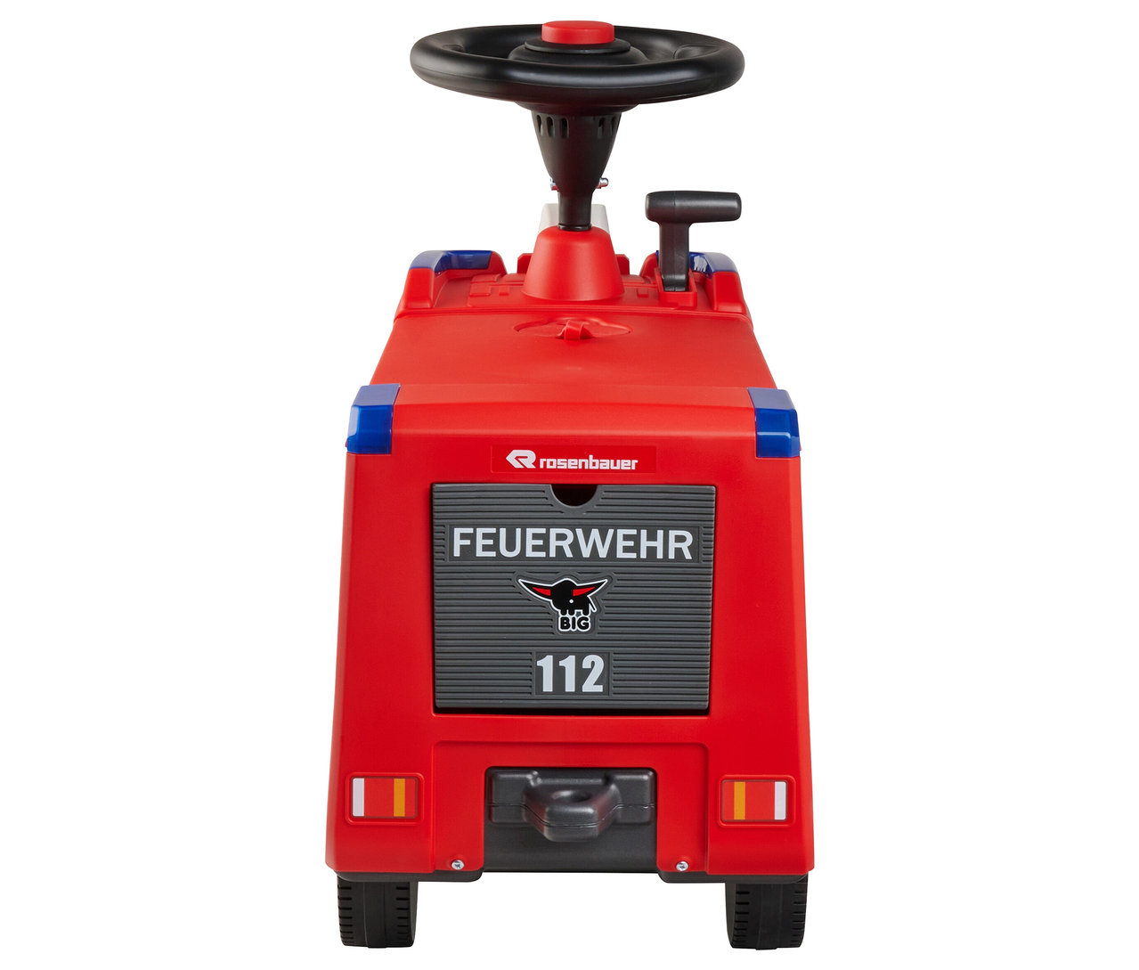 Nahaufnahme des vorderen Endes eines roten BIG Rutschauto Feuerwehr Spielzeugautos.
