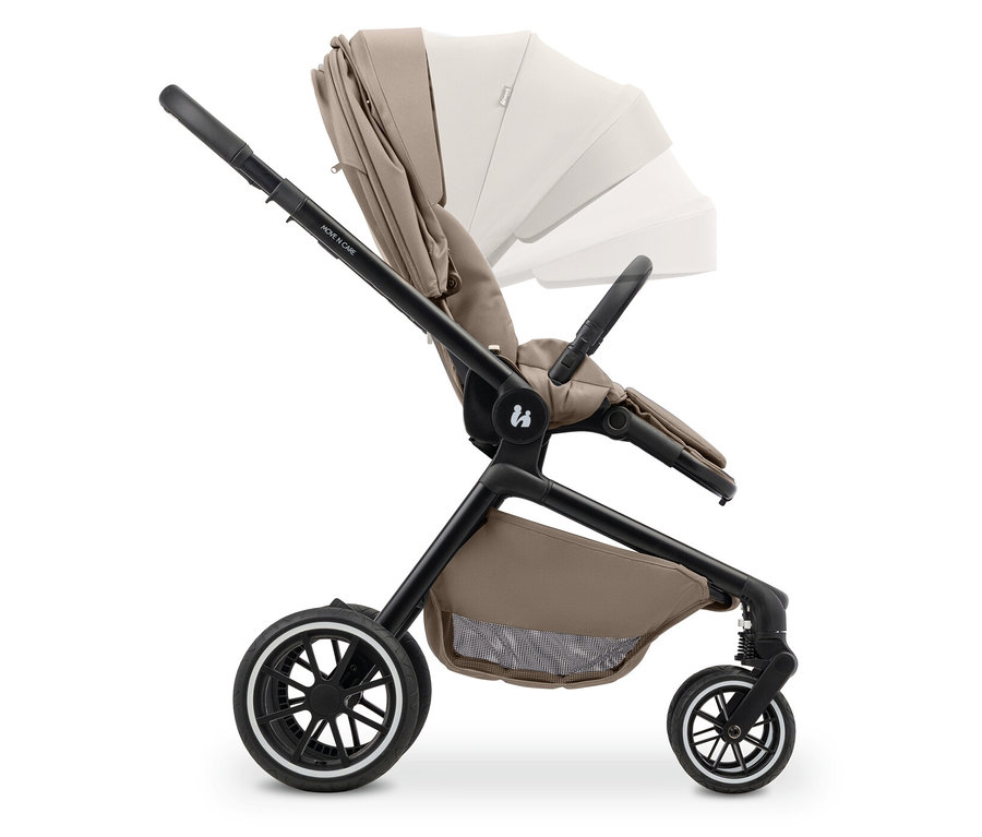 Kinderwagen mit schwarzem Rahmen und beigem Sitz.