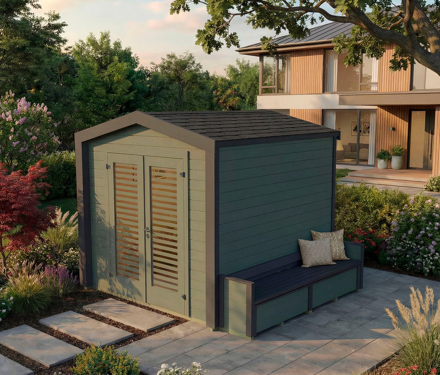 Grünes Gartenhaus mit Doppeltür und einer Bank mit Kissen davor, im Hintergrund ein Wohnhaus.
