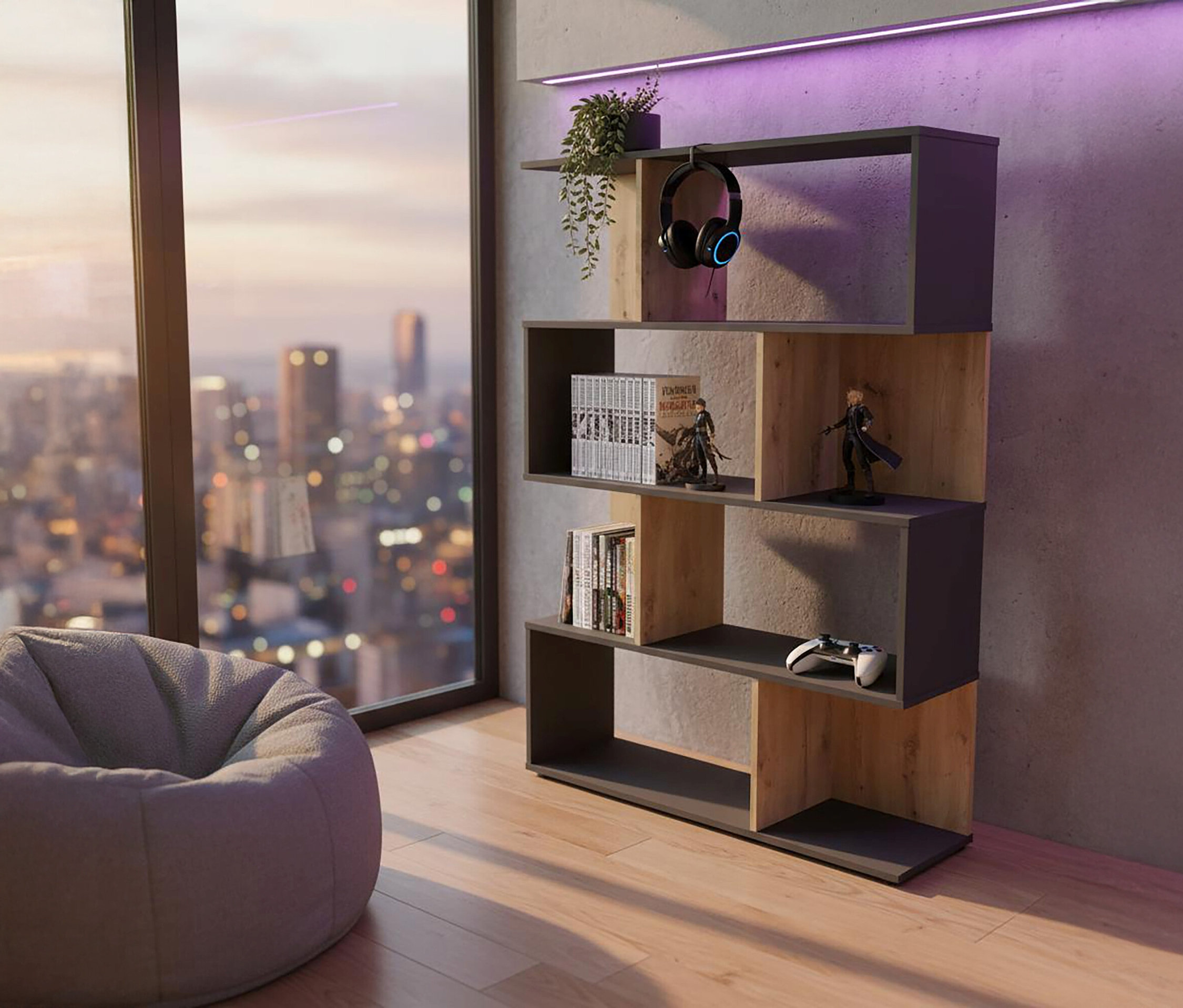 Roba Bücherregal »Marvin« neben einem Fenster mit Blick auf eine Stadt und einem Sitzsack.