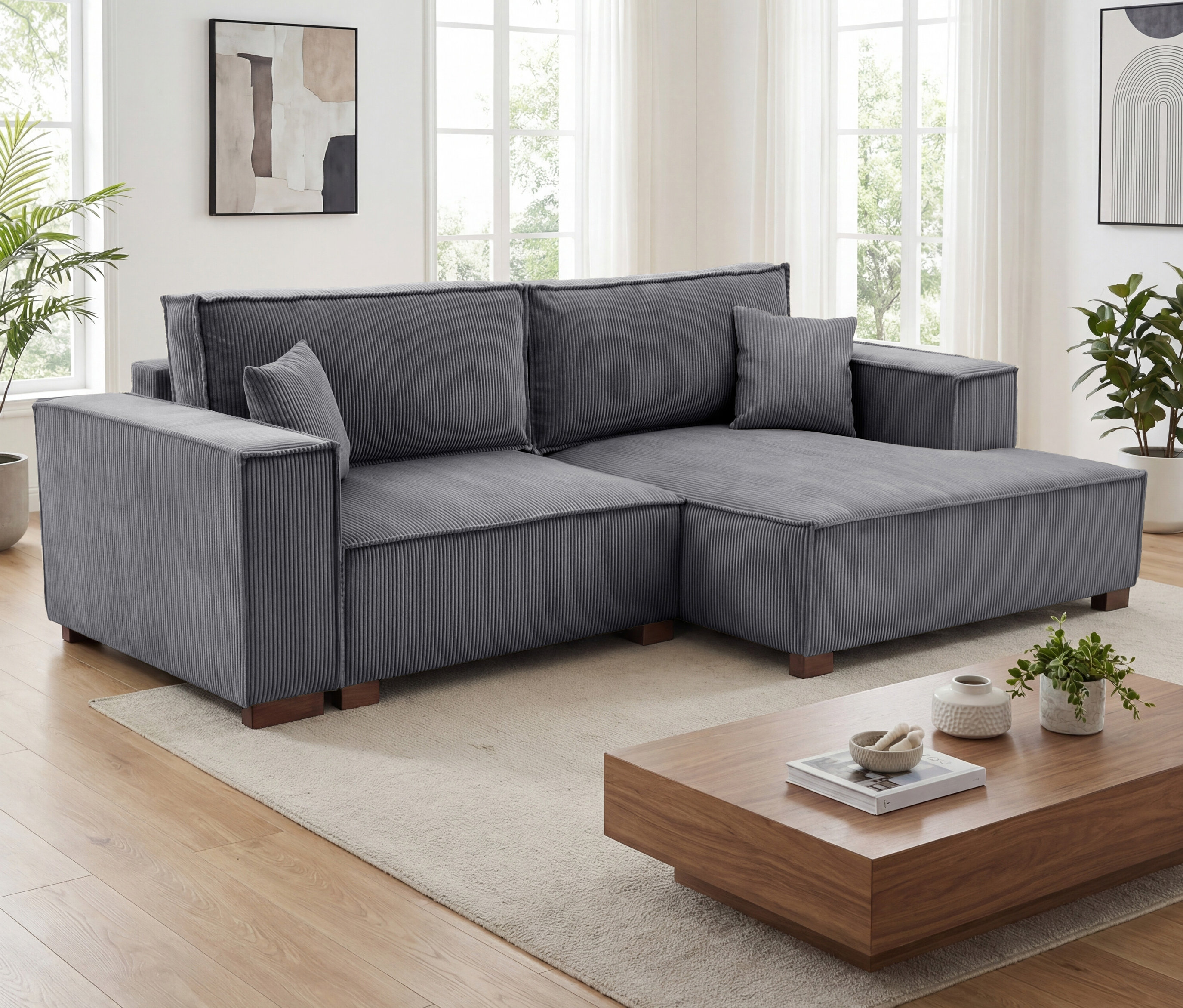 Anthrazitfarbenes »Cumello« 2-Sitzer Sofa mit Auszugsbett links und Longchair rechts im Wohnzimmer.