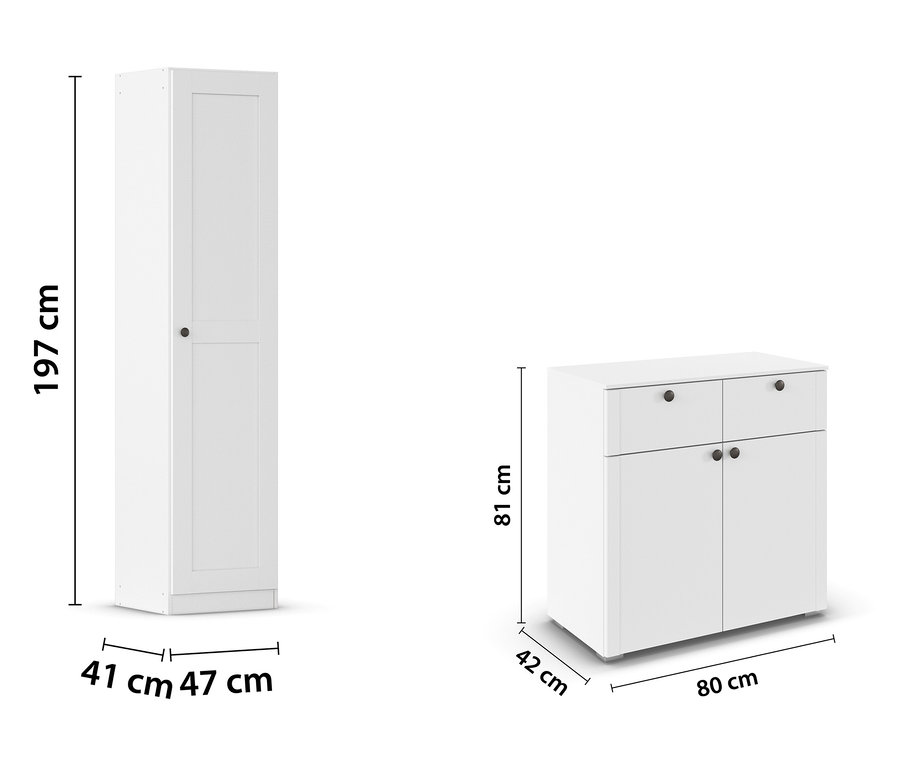 Weißer, schmaler Schrank, 197 cm hoch, neben weißem Schrank mit Schubladen, 81 cm hoch.