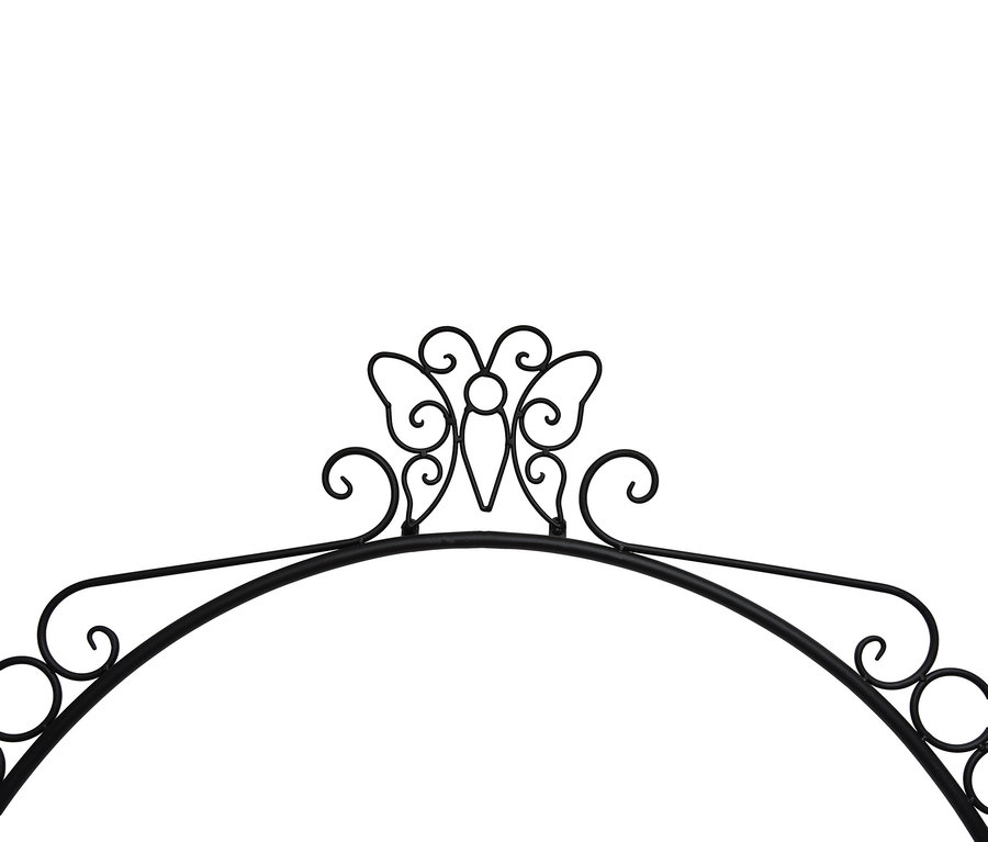 Nahaufnahme eines schwarzen, bogenförmigen Metallgestells mit dekorativem Schmetterlingsmuster oben.