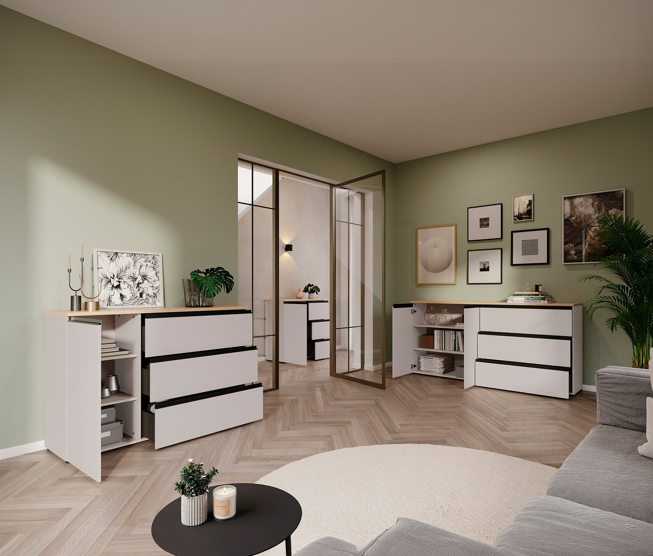 Wohnzimmer mit Kommode »Cormano«, groß, mit offenen Fächern und Schubladen. Dekorationen auf der Kommode und Zimmerpflanze im Raum.