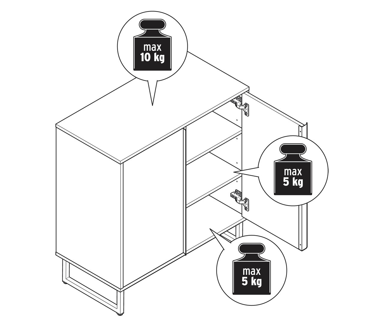 Zeichnung einer Kommode »LEEG« mit zwei Türen, wobei eine Tür geöffnet ist und das maximale Gewicht von 5 kg pro Fach zeigt.