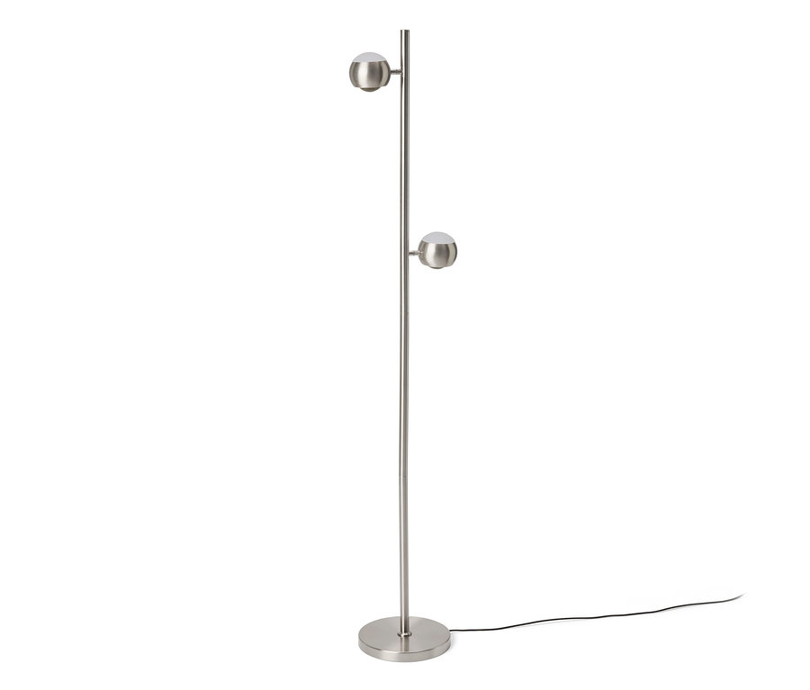 Gebürstete Stehlampe aus Metall mit rundem Fuß und zwei kugelförmigen Leuchten.
