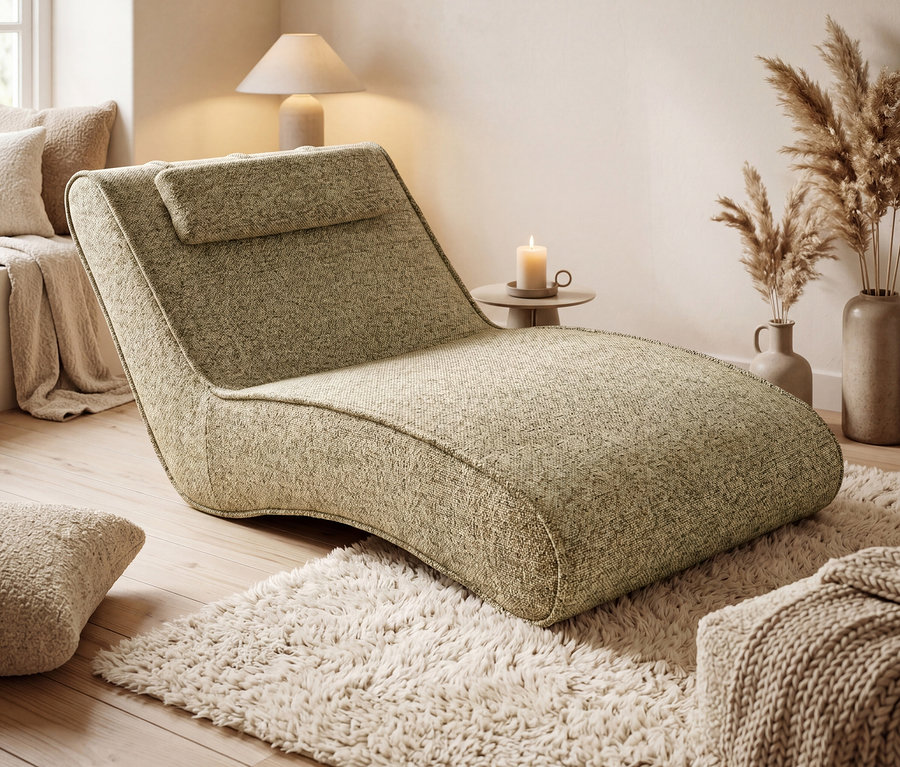 Eine hellgrüne, strukturierte Chaiselongue mit Kopfstütze steht auf einem flauschigen Teppich in einem gemütlichen Raum. Eine Lampe, eine brennende Kerze und Vasen mit Pampasgras sind zu sehen.
