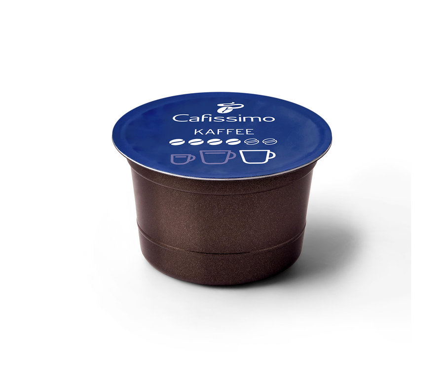 Eine Cafissimo Kaffee kräftig Kapsel mit dunkelbraunem Körper und dunkelblauem Deckel, der das Cafissimo Logo und Intensitätssymbole zeigt.
