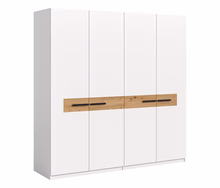 Weißer xonox Kleiderschrank »Skagen« mit vier Türen, mittiger Holzoptik-Leiste und schwarzen Griffen.
