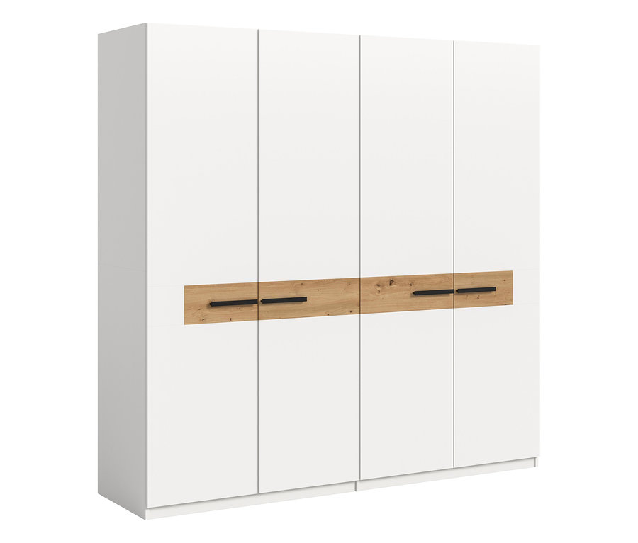 Weißer xonox Kleiderschrank »Skagen« mit vier Türen, mittiger Holzoptik-Leiste und schwarzen Griffen.