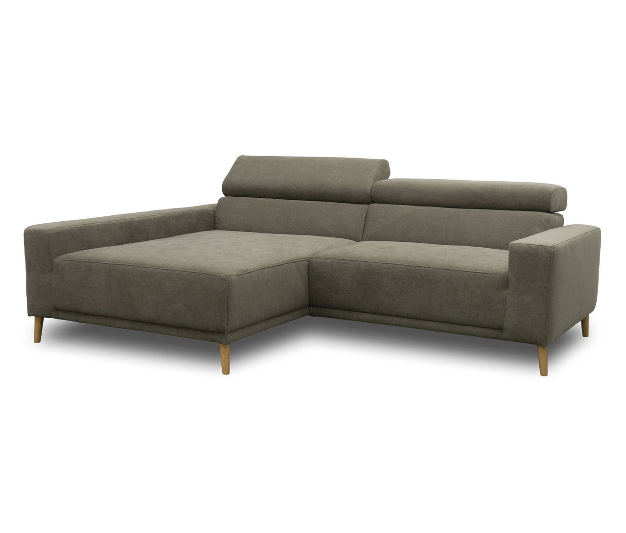 Graues DOMO Sofa »Malmö« mit Longchair links, Kopfteilverstellung und Holzfüßen.