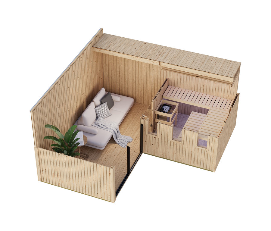 Karibu Saunahaus »Gwen« Deluxe aus Holz mit einem Entspannungsbereich (weißes L-Sofa, Pflanze, Lampe) und einem Saunaraum (Holzbänke, Ofen).