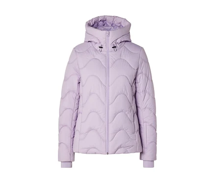 Hellviolette Steppjacke mit wellenförmigem Steppmuster, Kapuze und durchgehendem Reißverschluss.