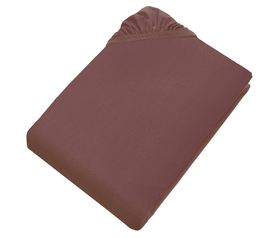 Gefaltetes, braunes SCHÖNER WOHNEN-Kollektion Jersey-Spannbettlaken mit Gummizug an einer Ecke.