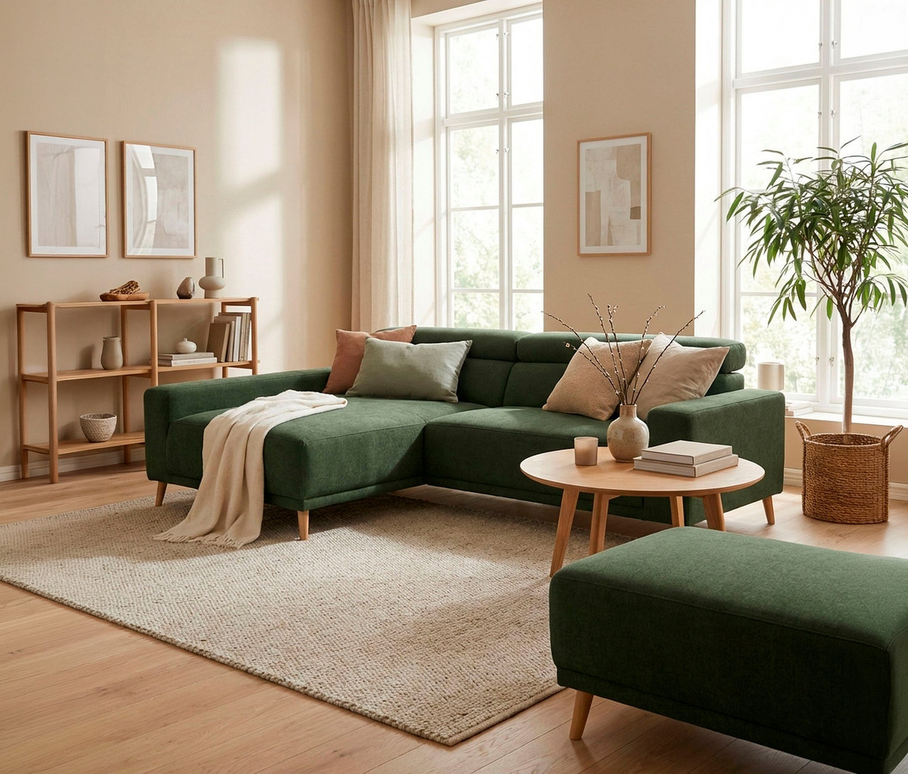 Gemütliches Wohnzimmer mit grünem L-förmigem Sofa, einem Couchtisch aus Holz und einem grünen Ottoman. Ein heller Teppich bedeckt den Holzboden, und ein Holzregal trägt Dekoration. Große Fenster lassen Licht herein, und eine Topfpflanze sorgt für Grün.