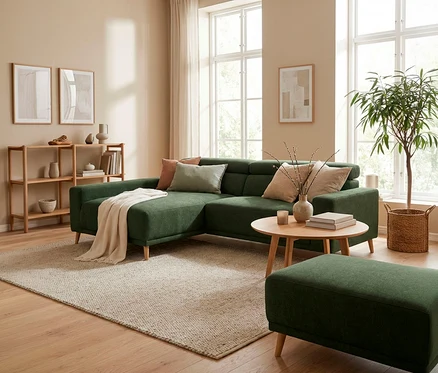 Gemütliches Wohnzimmer mit grünem L-förmigem Sofa, einem Couchtisch aus Holz und einem grünen Ottoman. Ein heller Teppich bedeckt den Holzboden, und ein Holzregal trägt Dekoration. Große Fenster lassen Licht herein, und eine Topfpflanze sorgt für Grün.