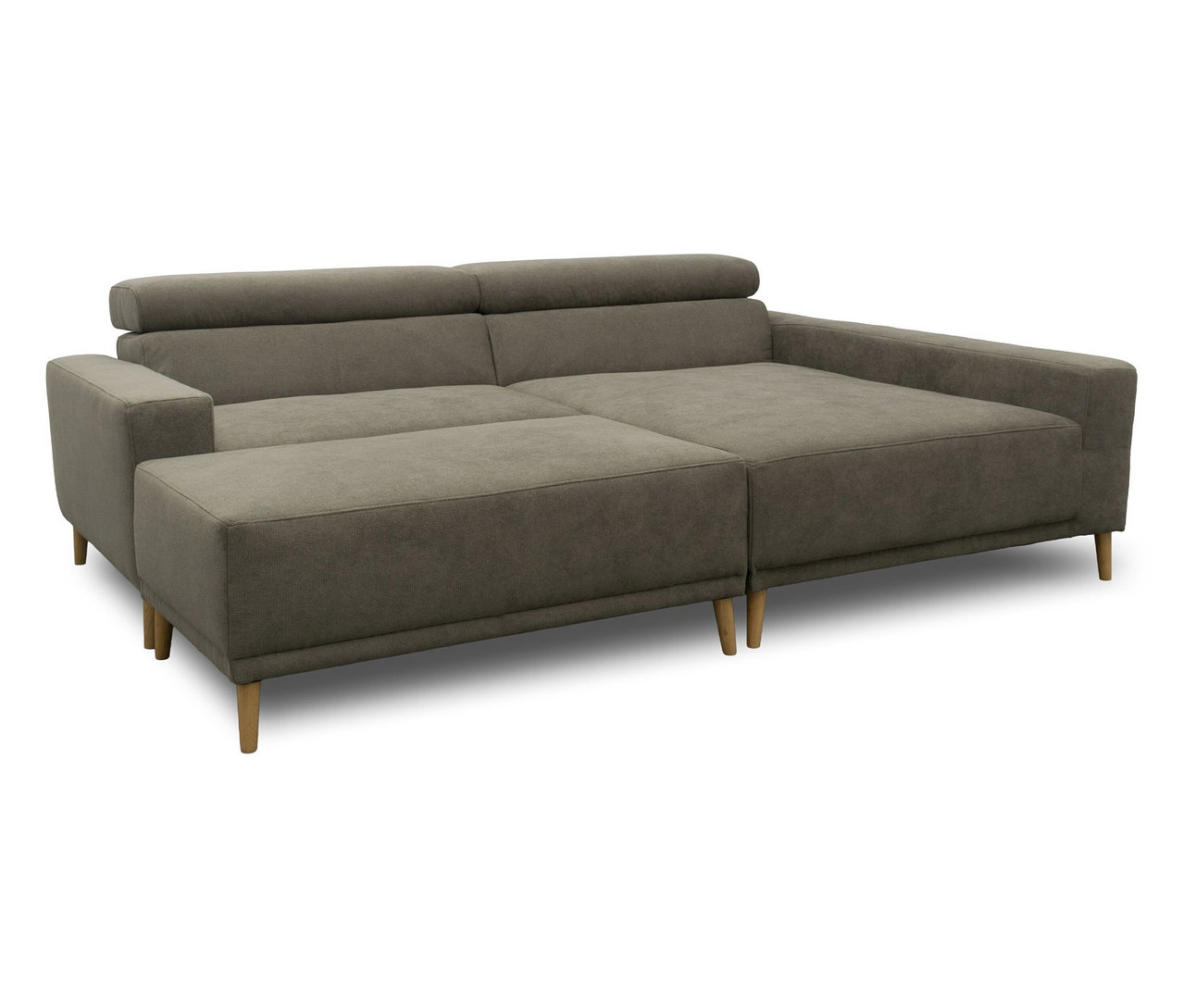 Graues Eck-Schlafsofa DOMO »Malmö« mit Holzbeinen und Longchair auf der rechten Seite.
