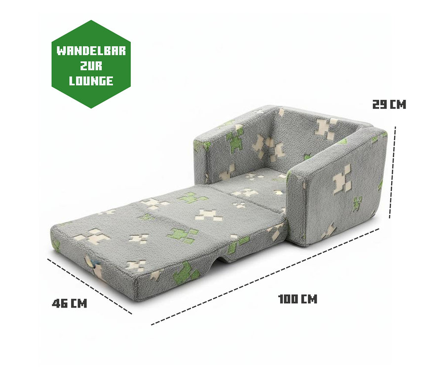Graues Kindersofa mit grünen und weißen Pixelmustern, teilweise zu einer Lounge ausgeklappt. Es ist 29 cm hoch, 46 cm ausgeklappt und insgesamt 100 cm lang.