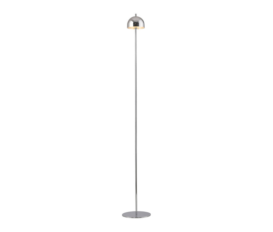 Eine schlanke, moderne Stehlampe mit einem verchromten Ständer, einem runden Fuß und einem kuppelförmigen Schirm, der ein warmes Licht abgibt.