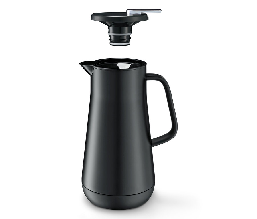 Eine schwarze Isolierkanne, 1l, mit abgenommenem Deckel.