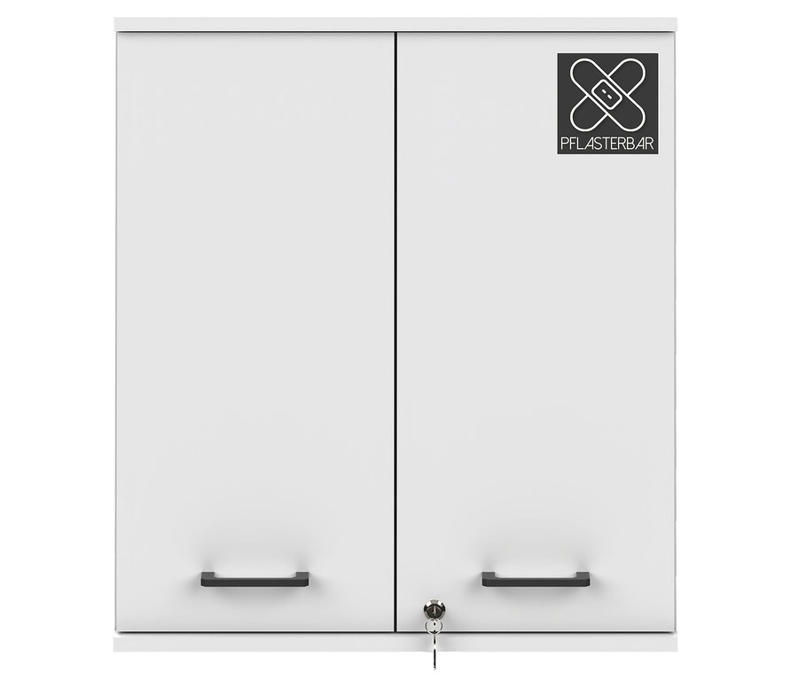 Weißer, mattierter Medizinschrank »Galeno« mit zwei Türen, schwarzen Griffen und einem Schloss mit Schlüssel. Oben rechts ist ein Pflasterbär-Logo.