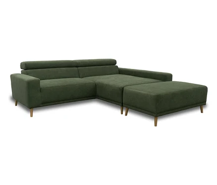 DOMO Eck-Schlafsofa Malmö mit Hocker und Longchair rechts, dunkelgrün mit holzfarbenen Füßen.