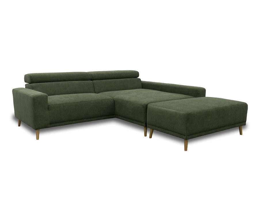 DOMO Eck-Schlafsofa Malmö mit Hocker und Longchair rechts, dunkelgrün mit holzfarbenen Füßen.