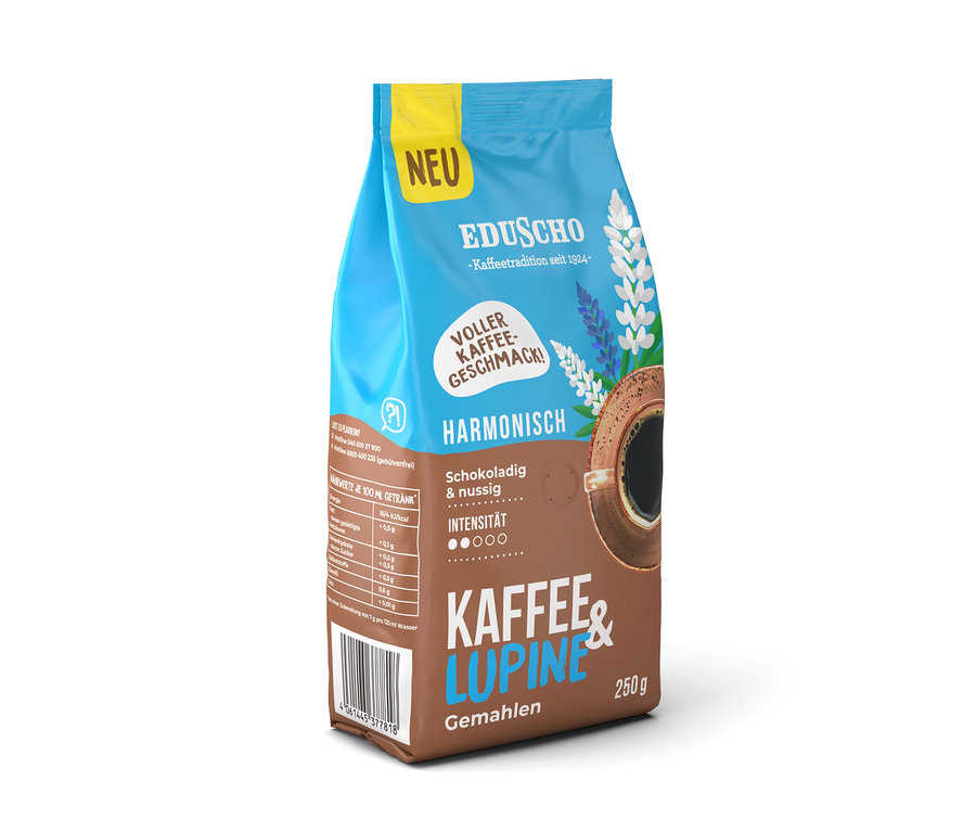 Eine Packung Eduscho Kaffee & Lupine, gemahlen.