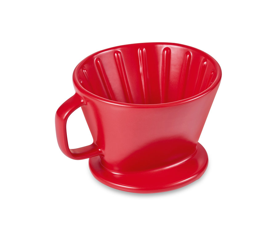 Detailansicht eines roten Kaffee Handfilters Gr. 2.