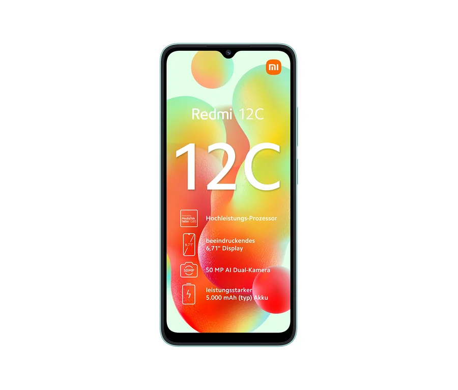 Ein grünes Xiaomi Redmi 12C Smartphone wird mit eingeschaltetem Display gezeigt.