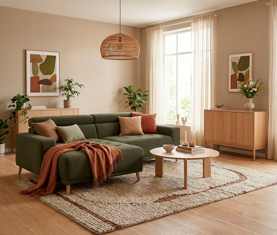 Ein gemütliches Wohnzimmer mit grünem L-Sofa, orangefarbener Decke und Erdtönen-Kissen. Ein runder Holztisch steht auf einem strukturierten Teppich. Beige Wände, Fenster, Pflanzen, abstrakte Kunst und eine geflochtene Pendelleuchte.