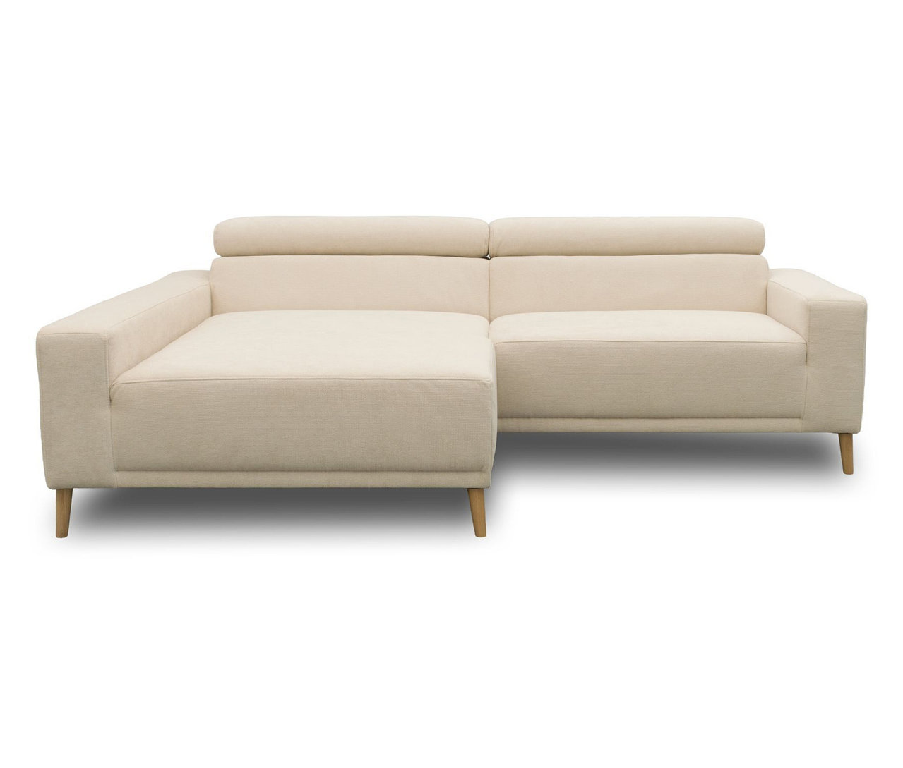 Cremefarbenes DOMO Sofa »Malmö« mit Longchair links, Kopfteilverstellung und Holzfüßen.
