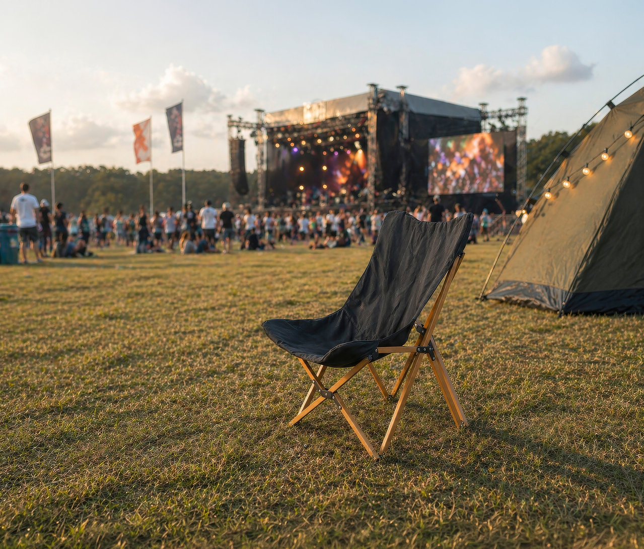 Ein schwarzer Faltbarer Campingstuhl mit Holzrahmen steht auf trockenem Gras vor einem Zelt und einer beleuchteten Festivalbühne mit Publikum.