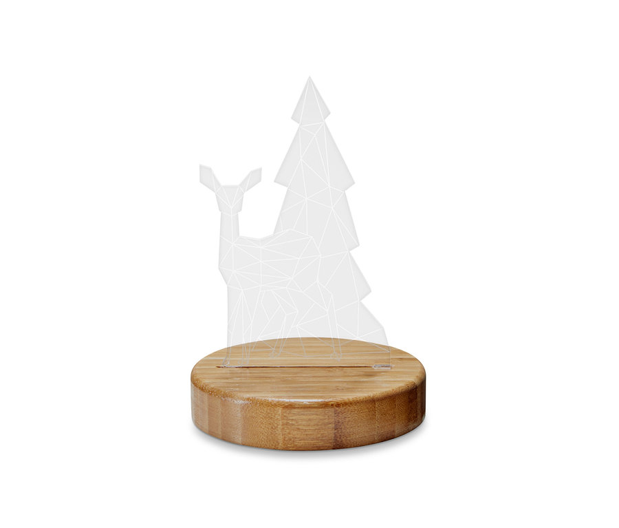 LED-Hologramm zeigt Reh und Weihnachtsbaum auf Holzsockel.