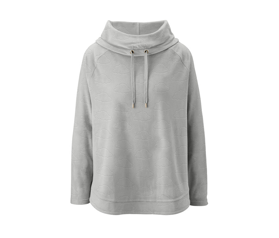 Graues Fleecesweatshirt mit Kapuze und geprägtem Wolkenmuster.