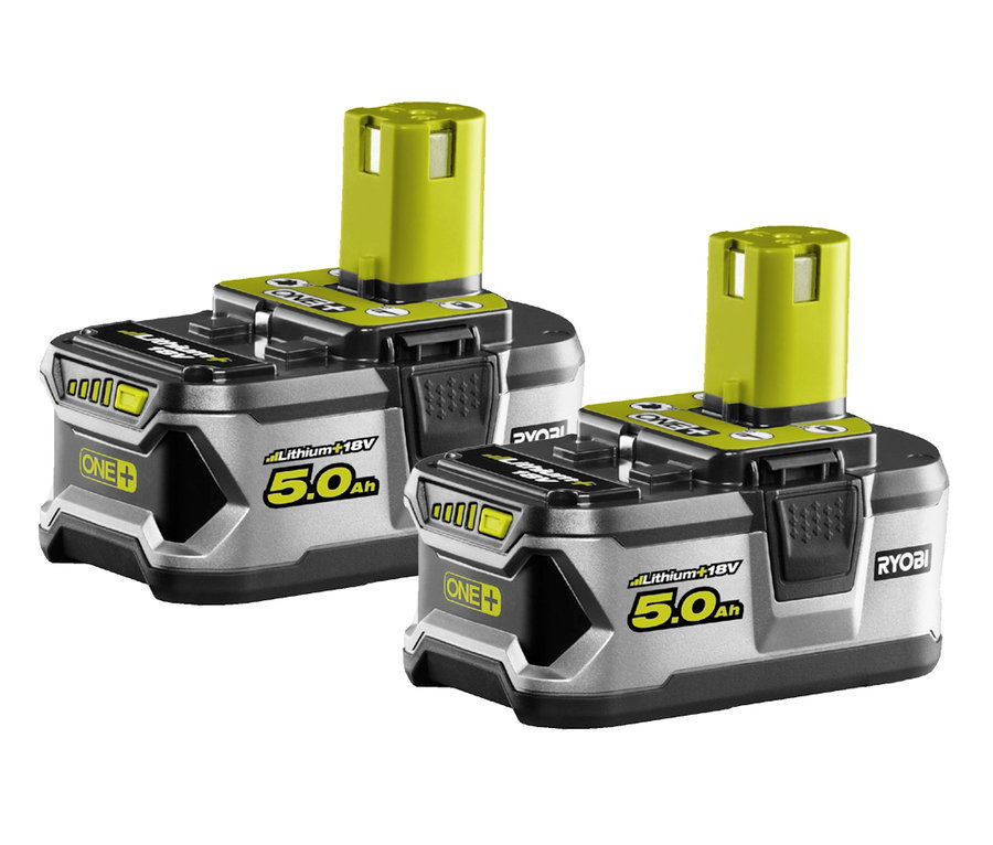 Zwei RYOBI 18 V One+ / 5,0 Ah Akkus »RB18LL50F12« sind auf einem weißen Hintergrund abgebildet.