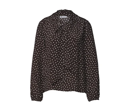 Dunkelbraune Street One Bluse mit weißen Punkten und Schluppenkragen.