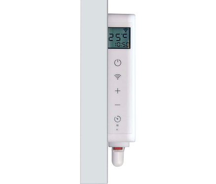 Weißes smartes Heizkörperthermostat mit Digitalanzeige, die 25,2°C und 10:50 Uhr anzeigt, sowie Bedientasten für Ein/Aus, WLAN, Temperatur und Timer.