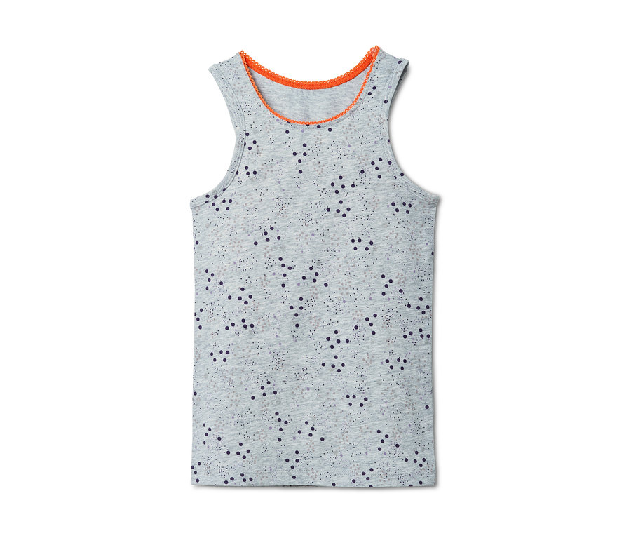 Graues Unterhemd mit Print und orangefarbenem Rand.
