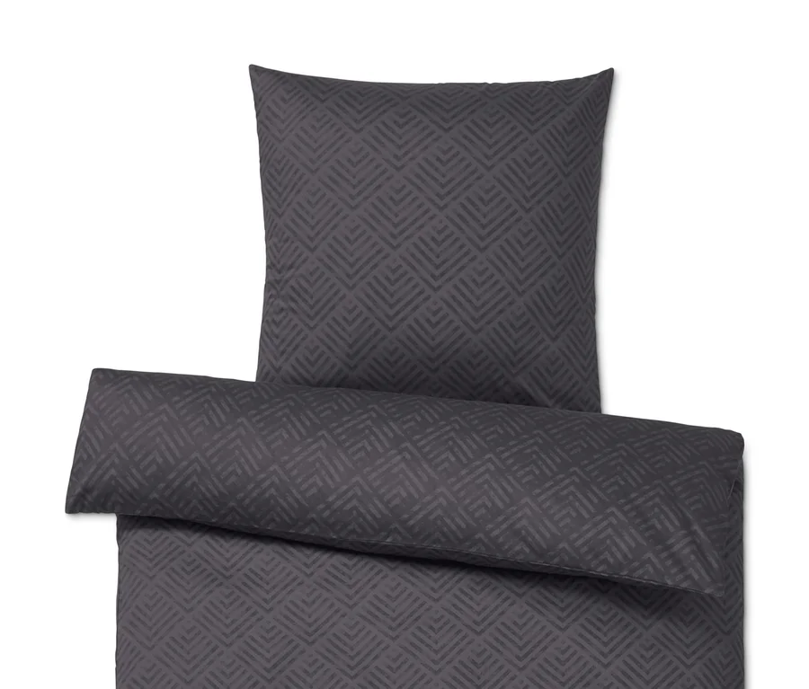 Dunkelgraue Satin-Bettwäsche in Normalgröße mit geometrischem Muster.