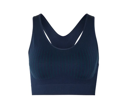 Blauer Sport-BH mit Ringerrücken und grünen Streifen.